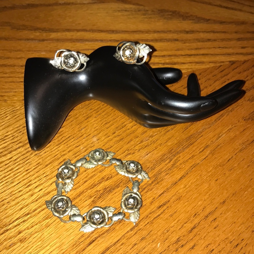 Vintage Karu rose bracelet and earrings